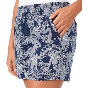 Briggs Blue White Floral Print Elastic Waist Linen Blend Shorts Womens Large NWT